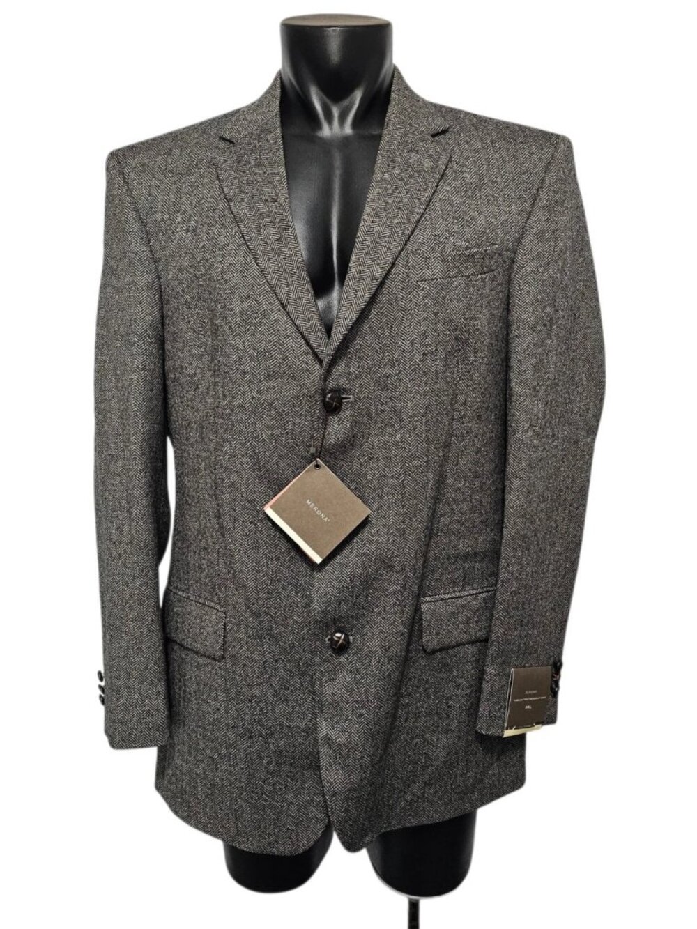 Merona Tweed Sport Coat Mens 44L Black Herringbone 100% Wool 3 Button